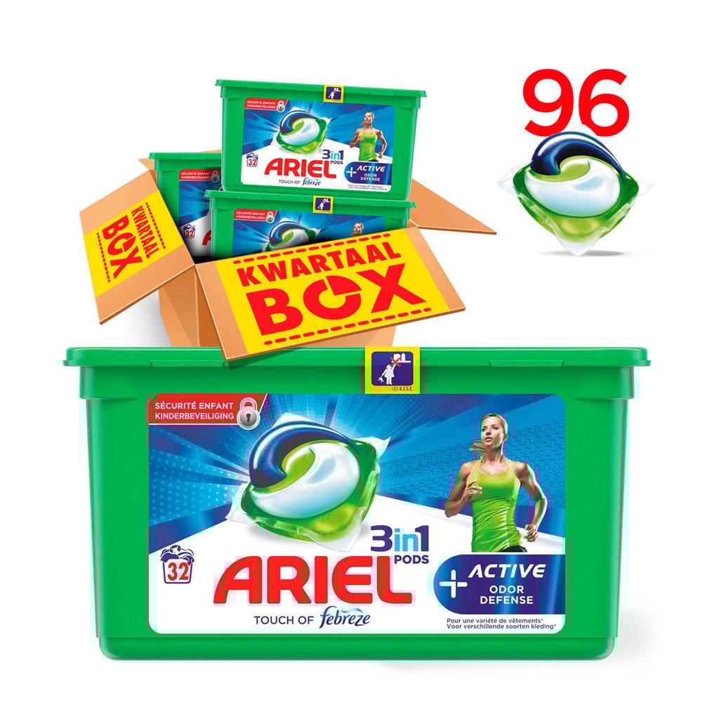 Ariel Active Odour Defense 3in1Pods wasmiddelcapsules 3 x 32 wasbeurten, 96 stuks