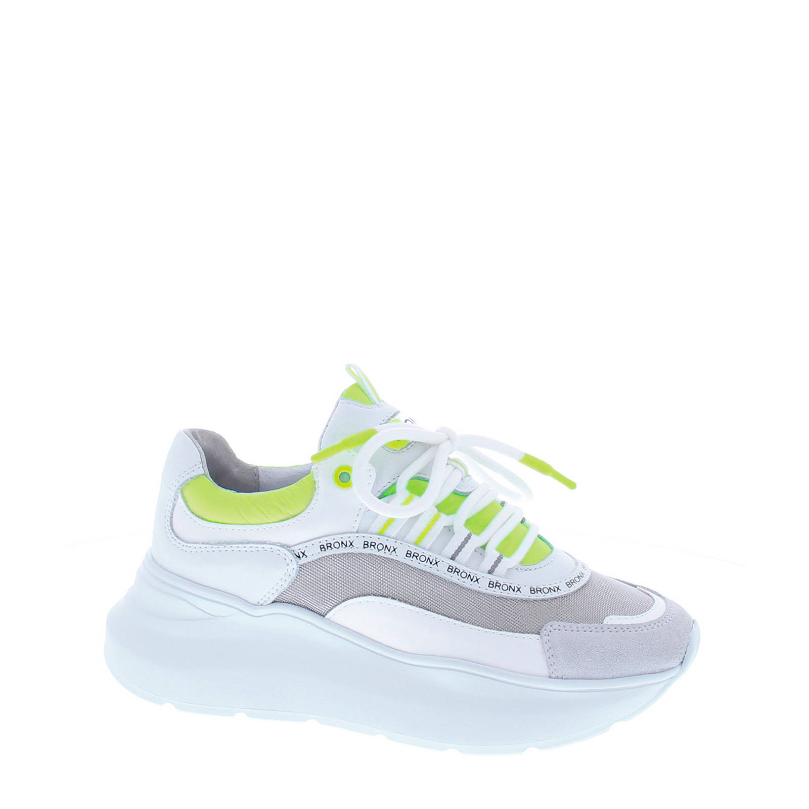 Witte Lederlook Plateau Sneakers met Neon Gele Details - Uwantisell.nl