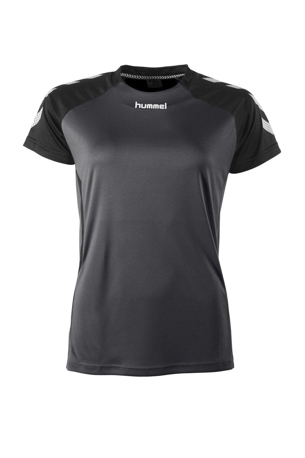 Antraciet en zwarte dames hummel voetbalshirt van polyester met korte mouwen en ronde hals