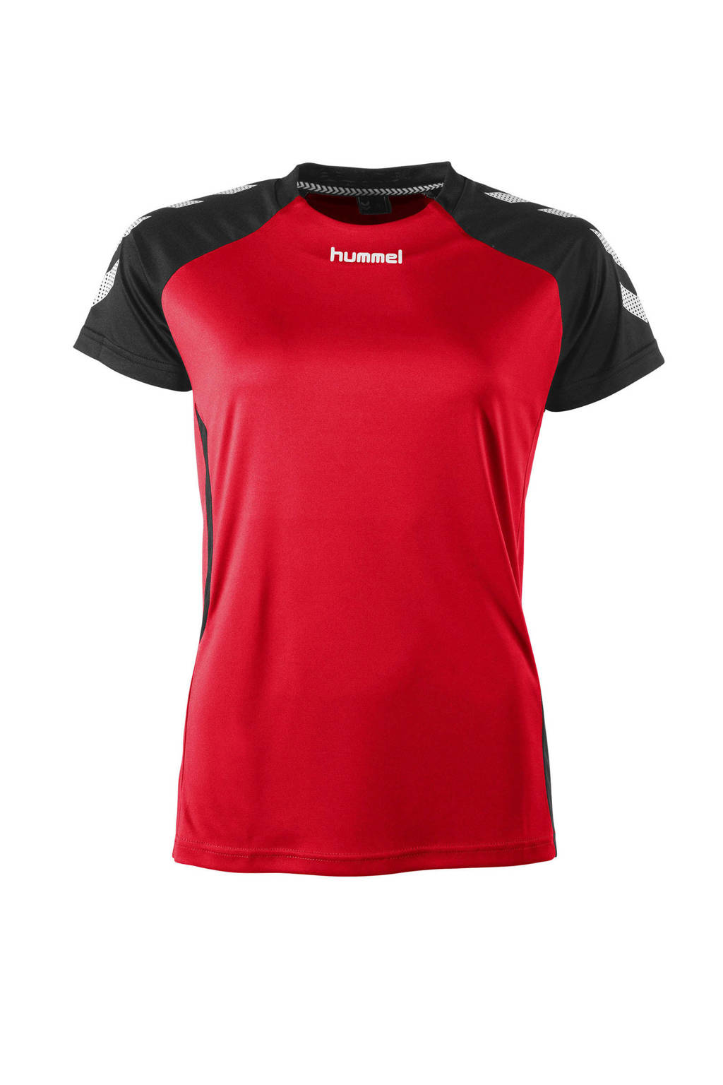 Rood en zwarte dames hummel sport T-shirt Aarhus van polyester met korte mouwen en ronde hals
