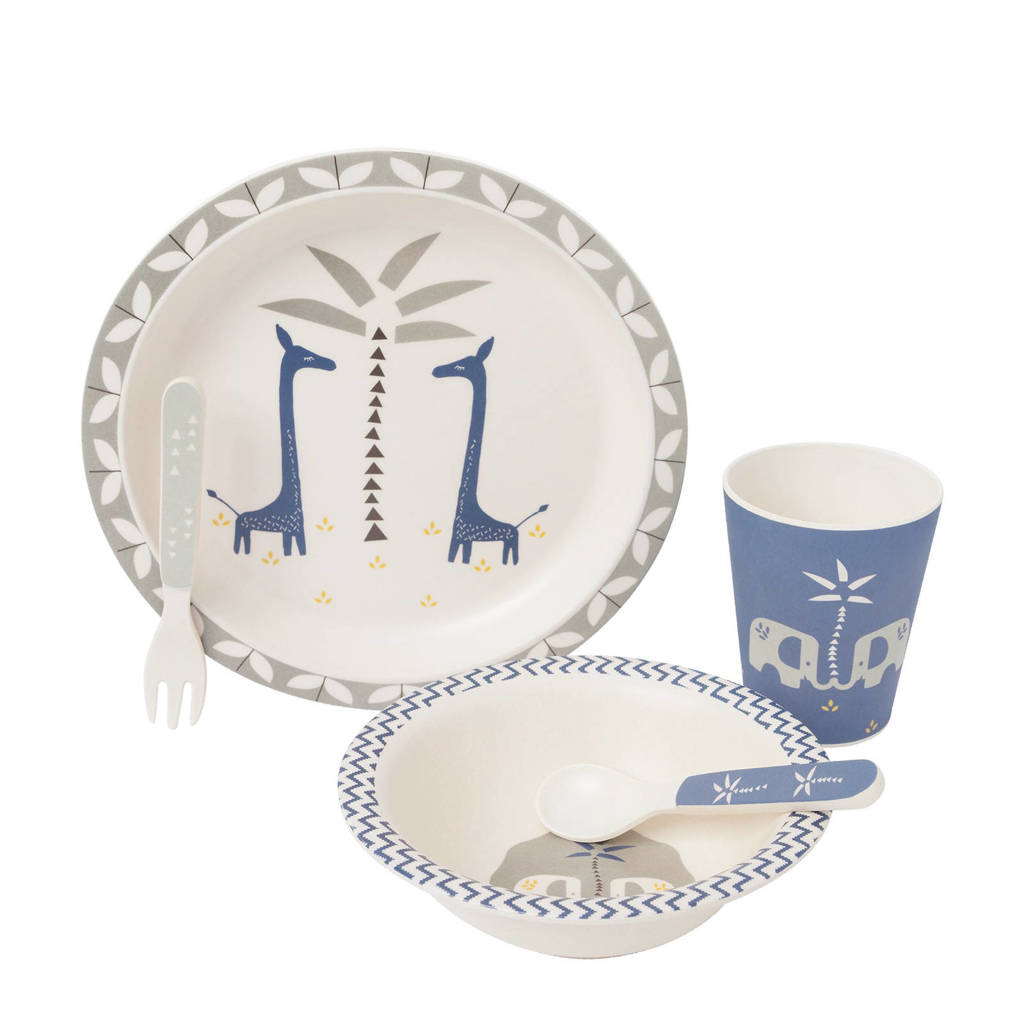 Fresk Bamboe dinerset giraf blauw, Blauw/wit