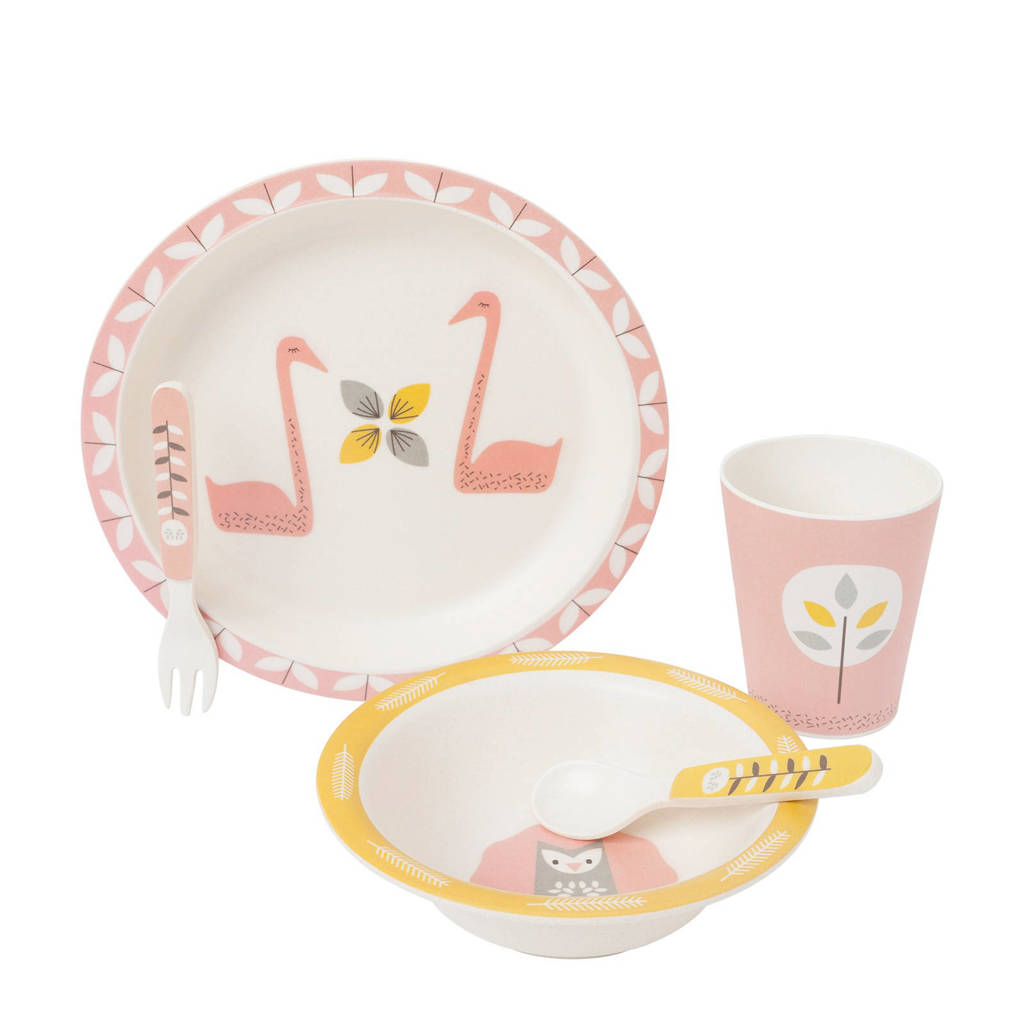 Fresk Bamboe dinerset zwaan roze, Roze/geel/wit