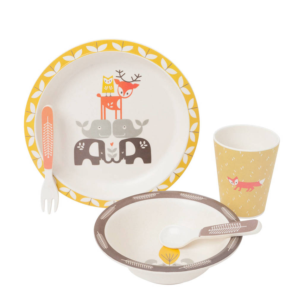 Fresk Bamboe dinerset dieren geel, Geel/wit/bruin