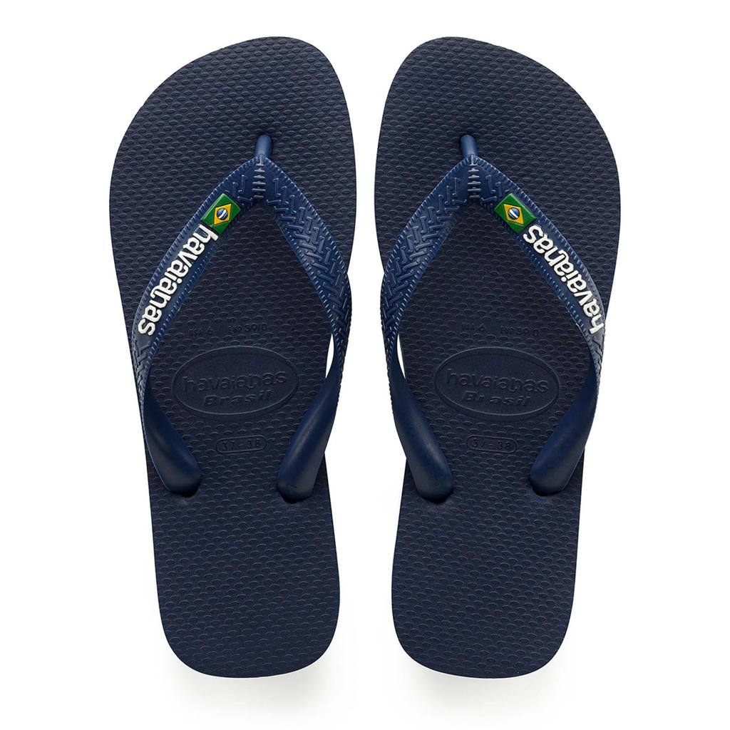 Donkerblauwe jongens en meisjes Havaianas Brasil Logo teenslippers van blauw/wit
