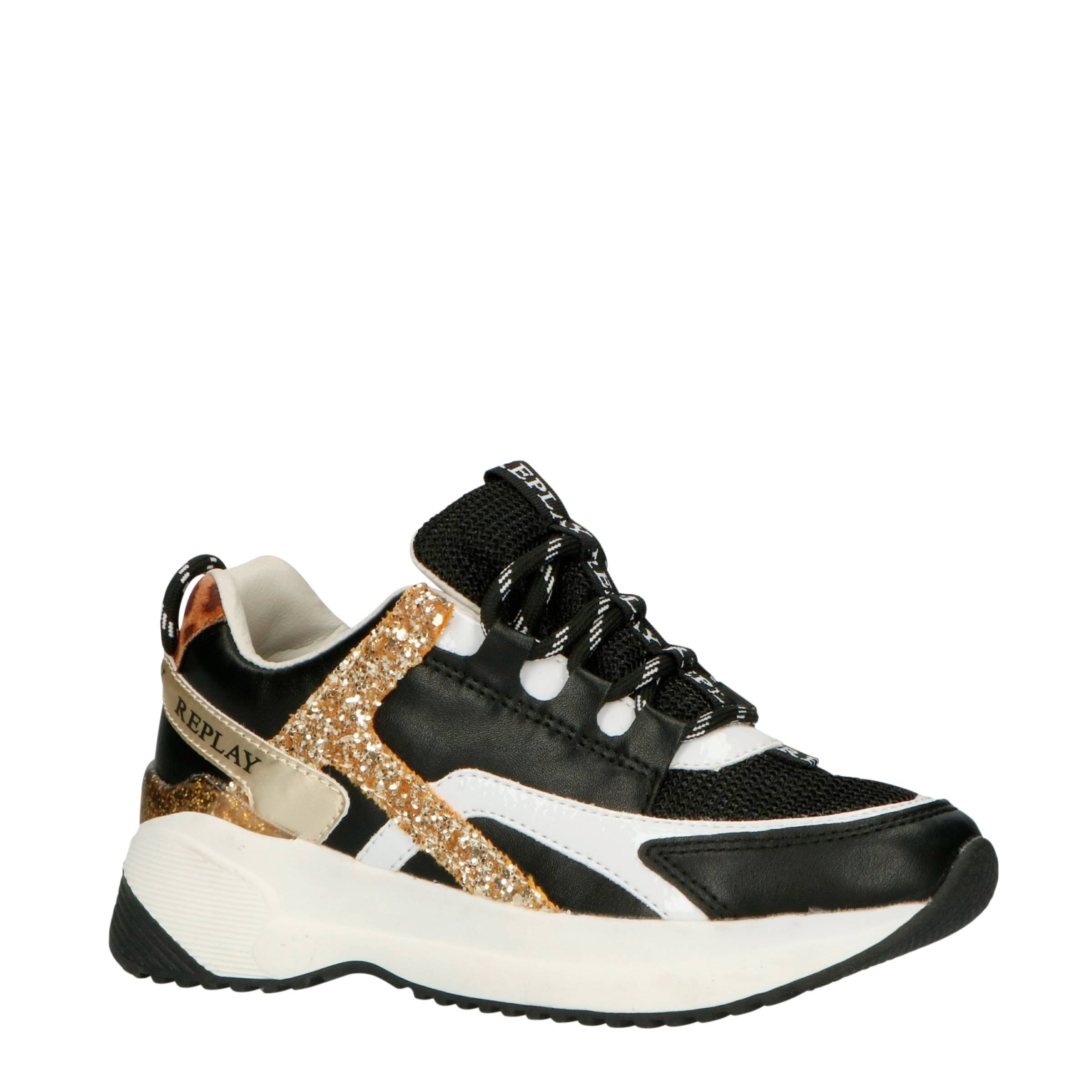 REPLAY Comet JR sneakers zwart/goud/panterprint | wehkamp