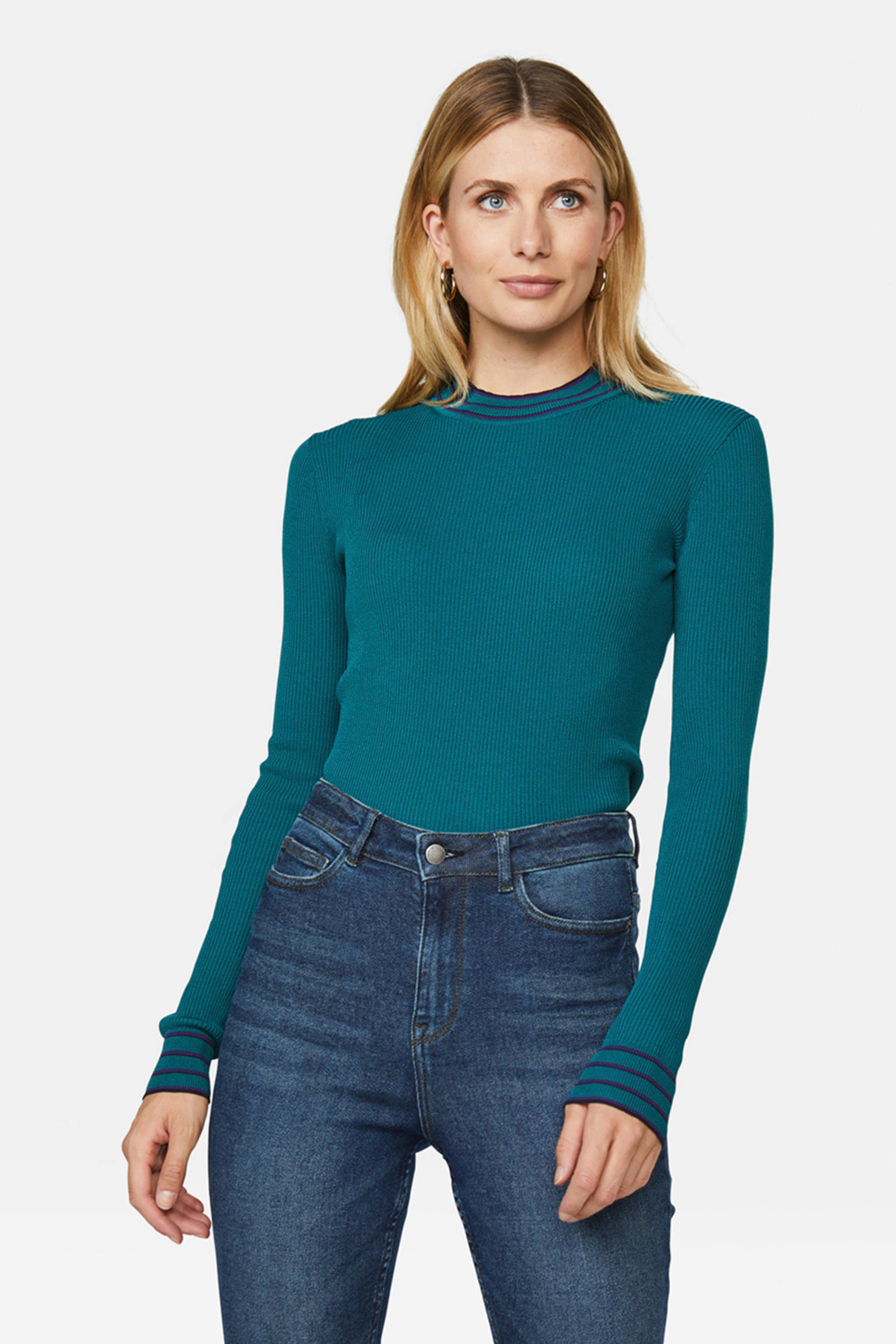 WE Fashion fijngebreide trui met contrastbies petrol | wehkamp WE Fashion fijngebreide trui met contrastbies petrol | wehkamp