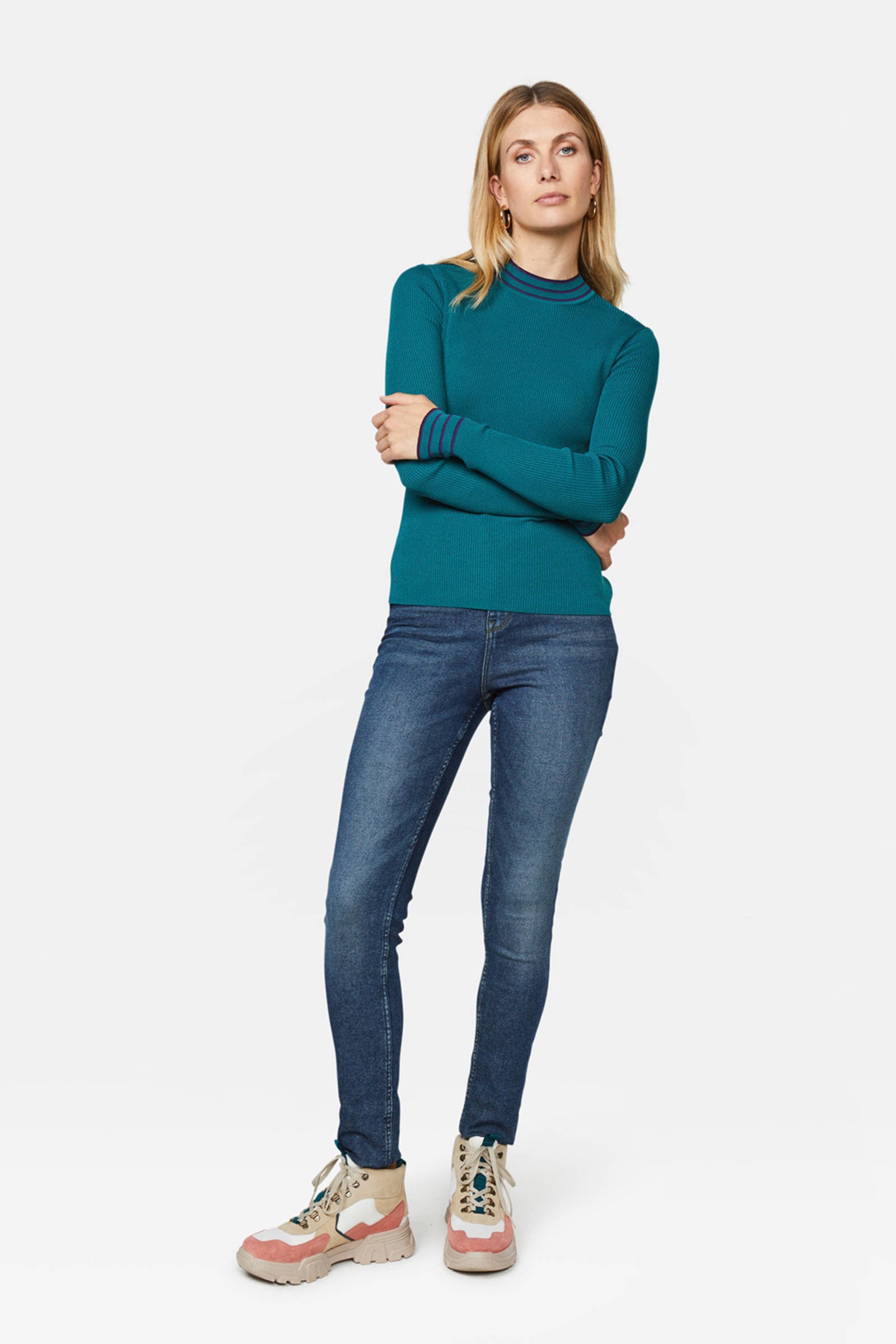WE Fashion fijngebreide trui met contrastbies petrol | wehkamp WE Fashion fijngebreide trui met contrastbies petrol | wehkamp
