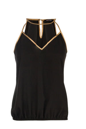 haltertop met contrastbies zwart/goud