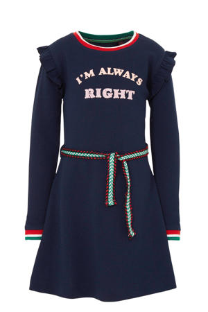 jurk Talicia met ruches en tekst donkerblauw