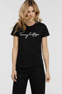 Zwarte dames Tommy Hilfiger T-shirt van jersey met logo dessin, korte mouwen en ronde hals