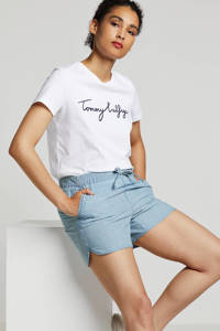 Witte dames Tommy Hilfiger T-shirt van jersey met logo dessin, korte mouwen en ronde hals