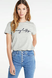 Grijze dames Tommy Hilfiger T-shirt van jersey met logo dessin, korte mouwen en ronde hals
