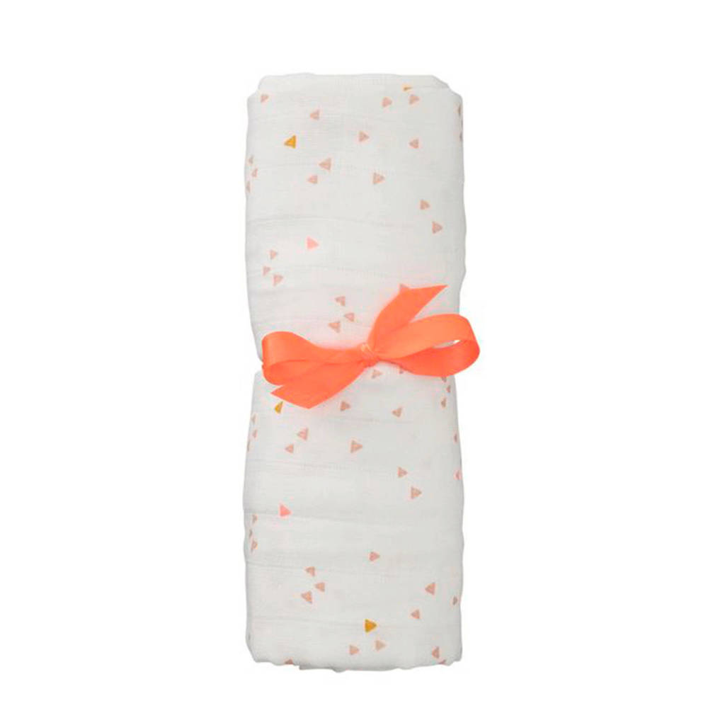 HEMA hydrofiele doek 110 x 110 cm driehoekjes wit/roze, Wit/lichtroze