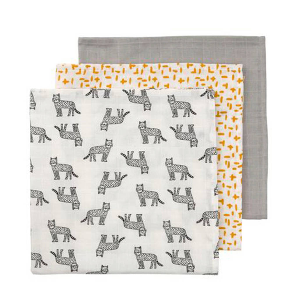 HEMA hydrofiele doeken 60x60 cm grijs/oker - set van 3, Grijs/oker/wit