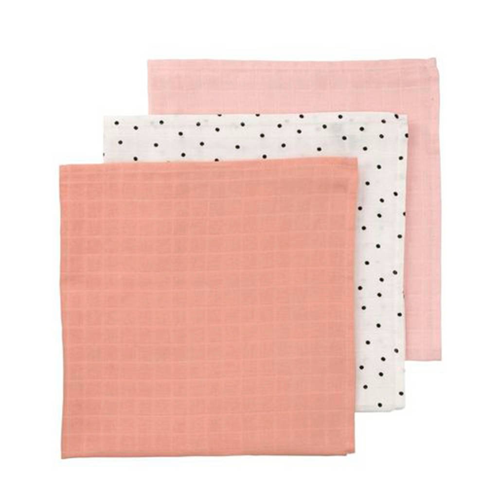 HEMA hydrofiele doeken 60x60 cm roze/stip - set van 3, Roze/wit/perzikroze