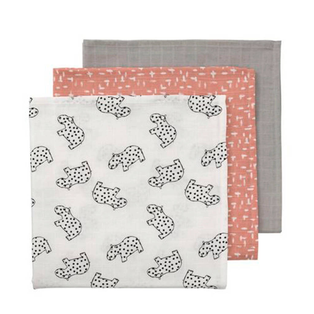 HEMA hydrofiele doeken 60x60 cm roze/grijs - set van 3, Roze/grijs/wit