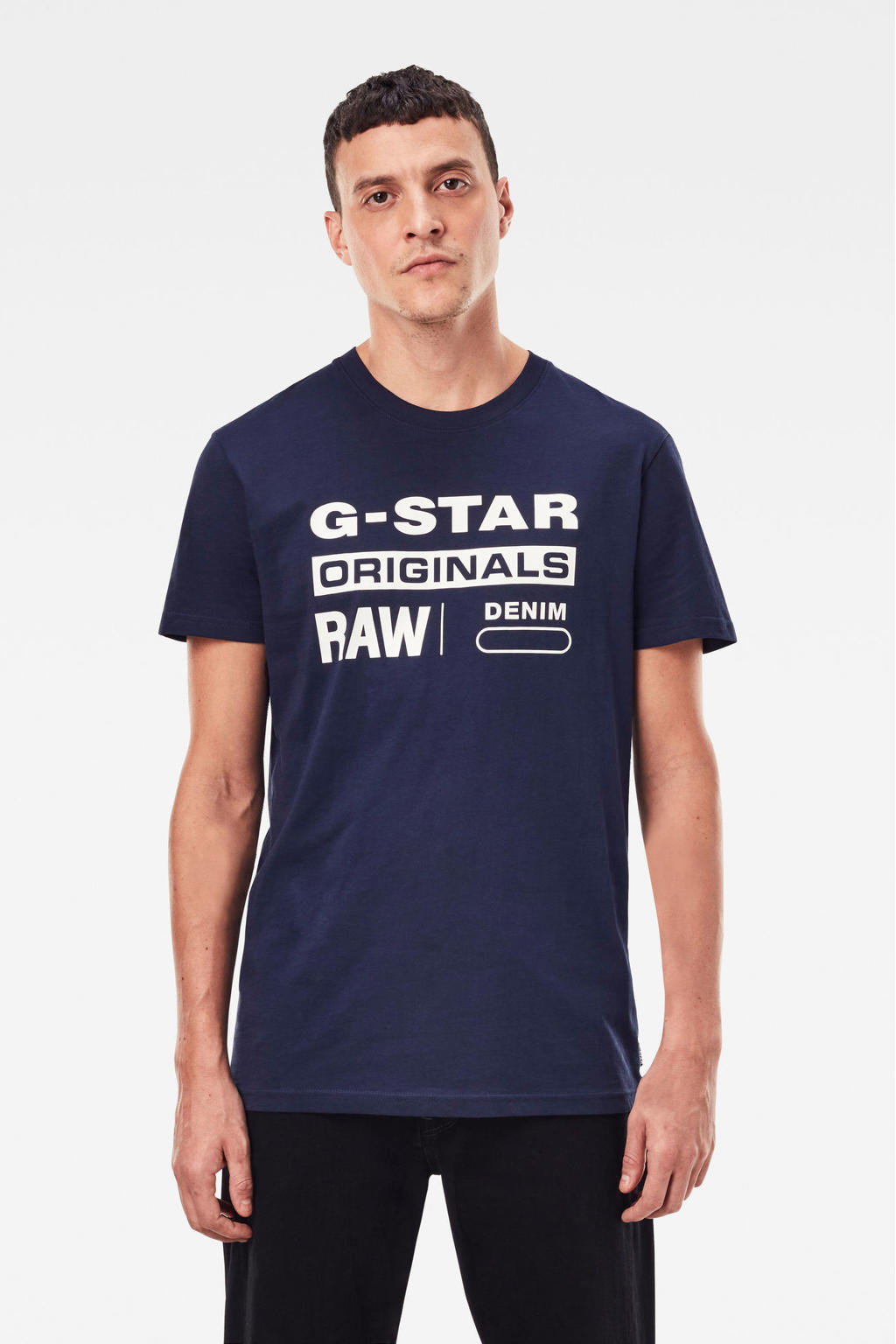 Donkerblauwe heren G-Star RAW T-shirt van biologisch katoen met tekst print, korte mouwen en ronde hals