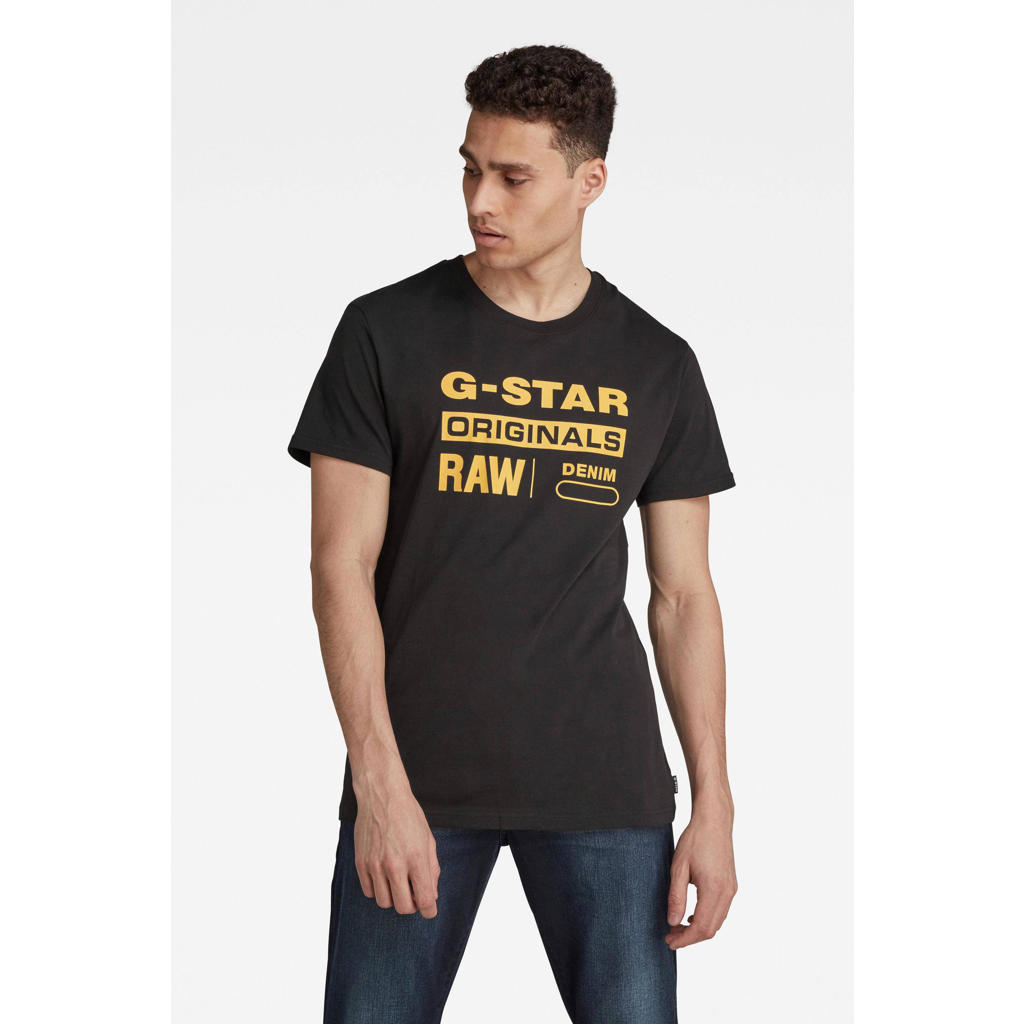 Zwarte heren G-Star RAW T-shirt van duurzaam katoen met logo dessin, korte mouwen en ronde hals