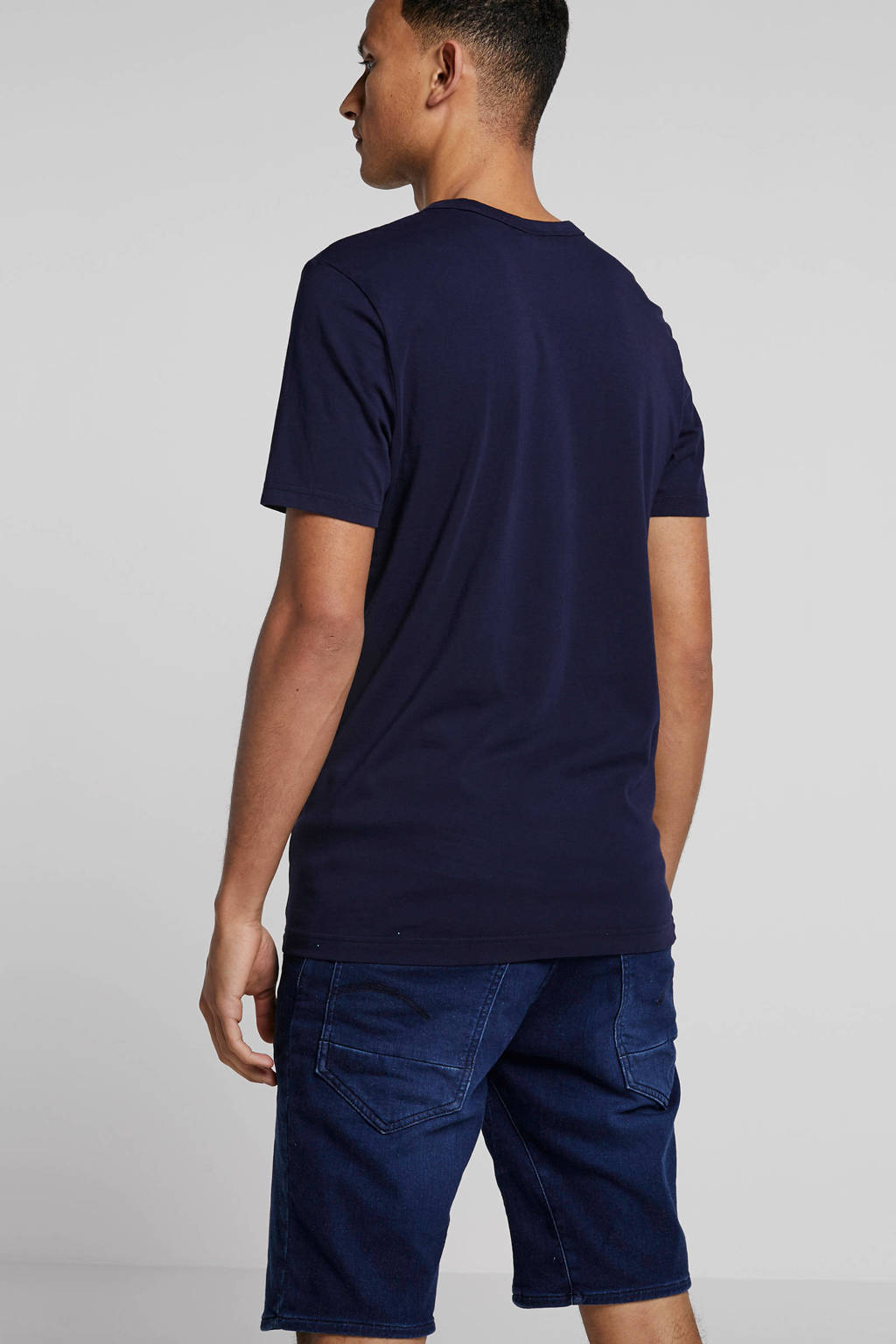 Donkerblauwe heren G-Star RAW T-shirt van biologisch katoen met logo dessin, korte mouwen en ronde hals