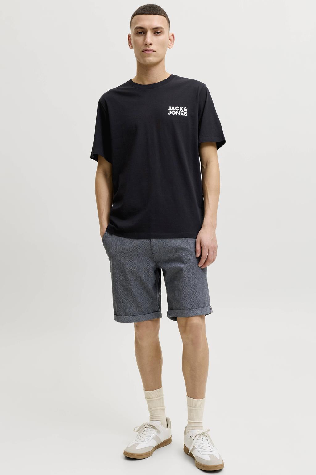 Zwarte heren JACK & JONES ESSENTIALS slim T-shirt van katoen met logo dessin, korte mouwen en ronde hals