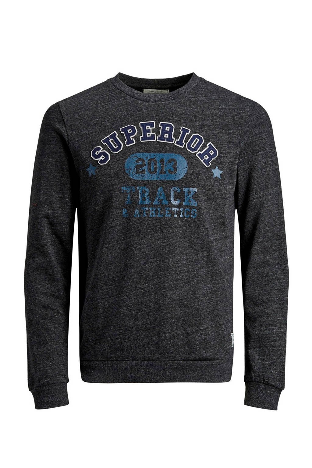 PRODUKT sweater met tekst en patches zwart/blauw, Zwart/blauw