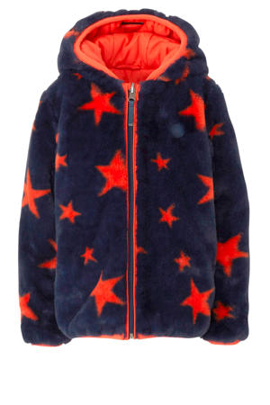 Mid jas van imitatiebont met sterren blauw