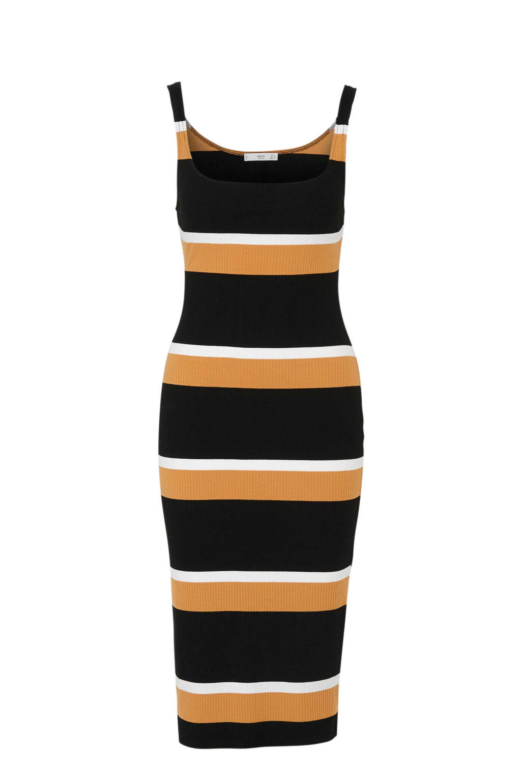 Mango gestreepte jurk zwart/oker/wit, Zwart/oker/wit