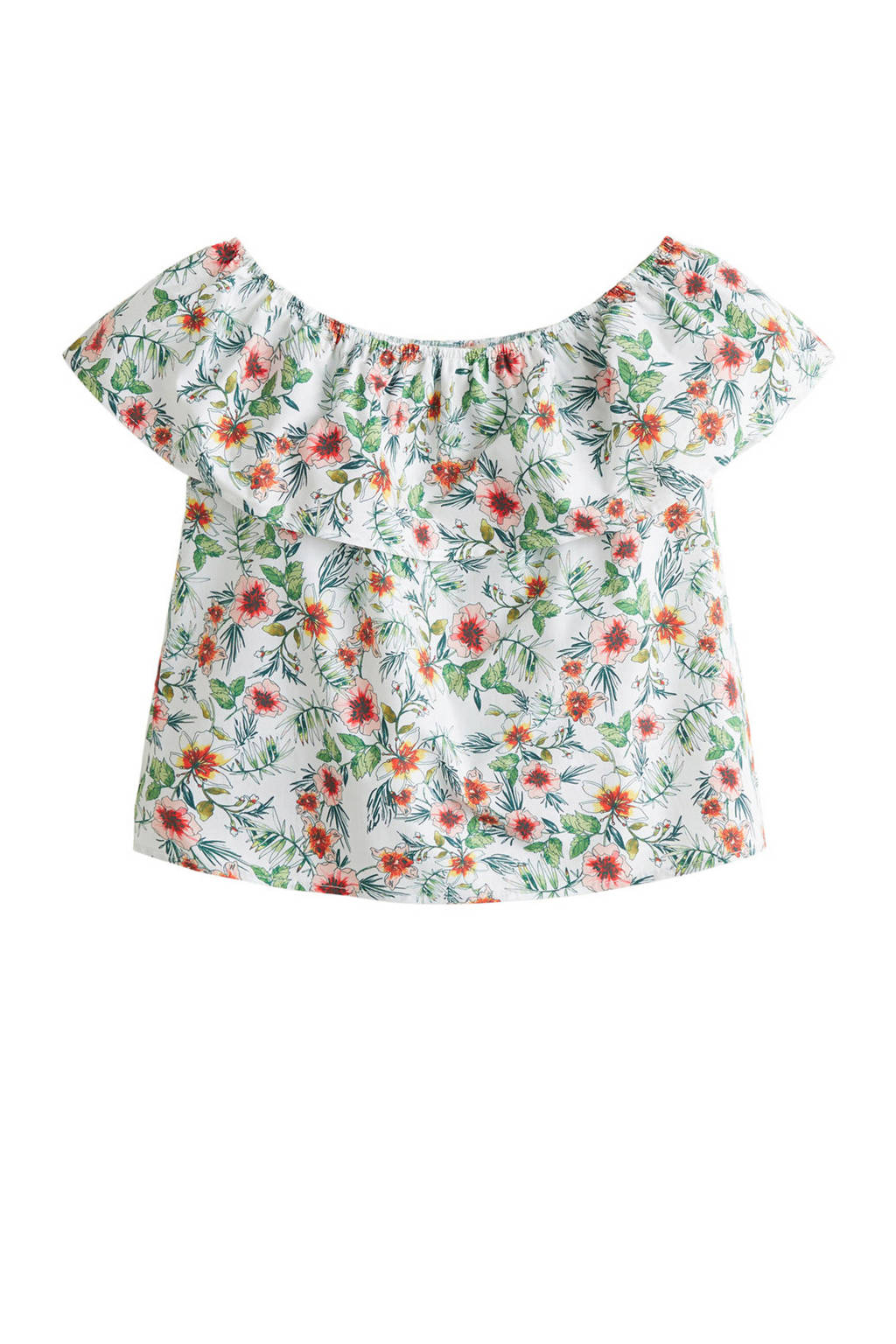 Mango Kids off shoulder top met bloemen wit, Wit/groen/rood