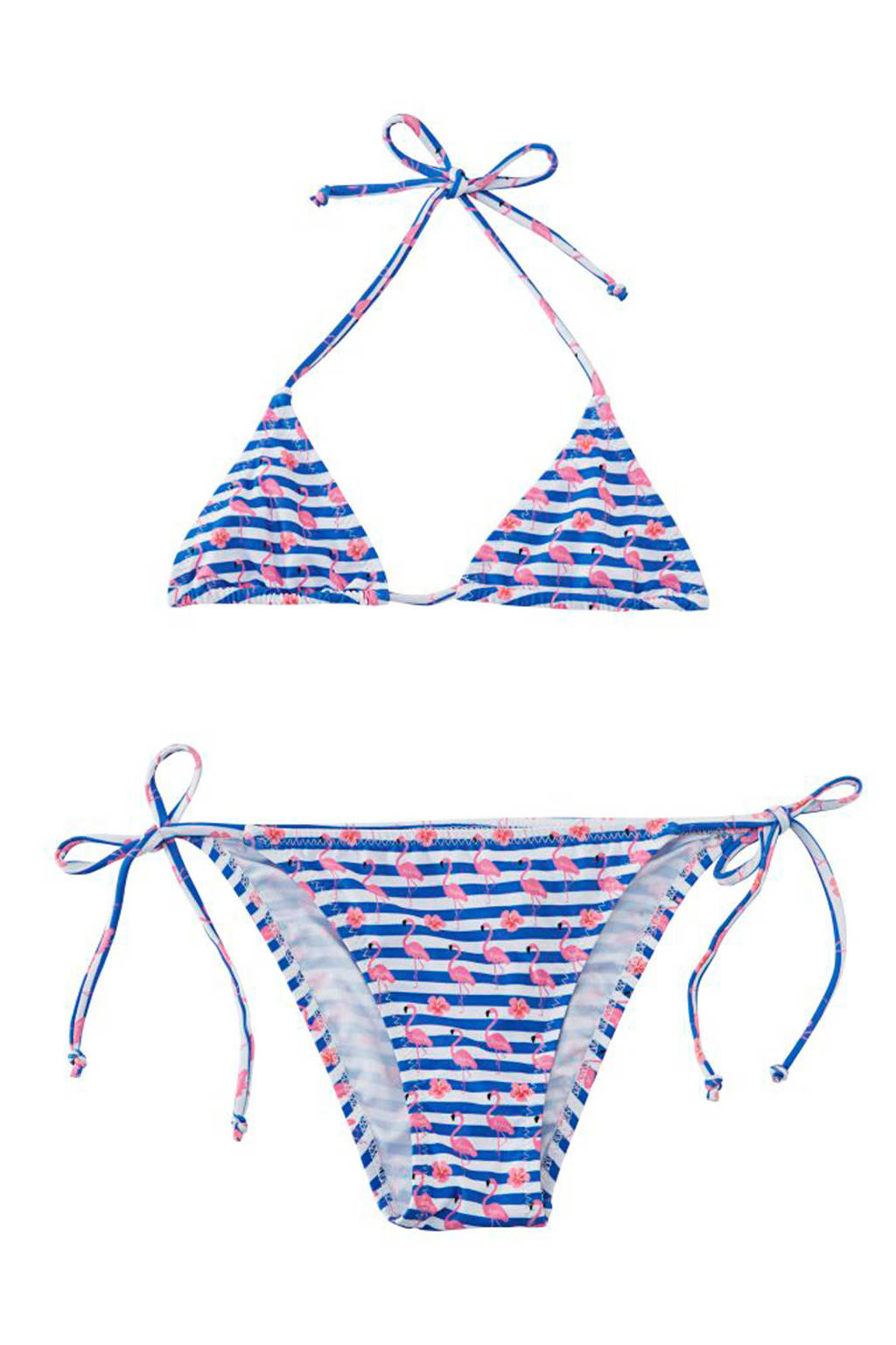 Slipstop gestreepte triangelbikini met flamingo's blauw, Blauw/wit/roze