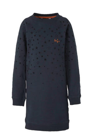 sweatjurk met contrastbies en borduursels donkerblauw/ koper