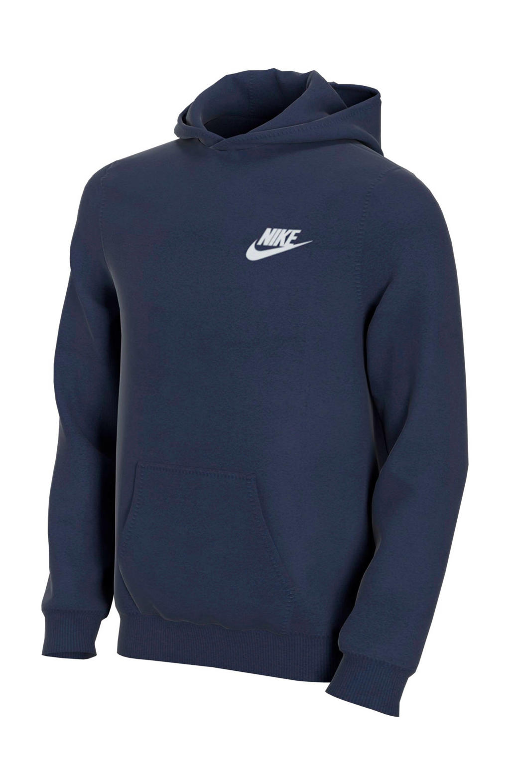 Donkerblauw en witte jongens Nike hoodie van sweat materiaal met logo dessin, lange mouwen en capuchon