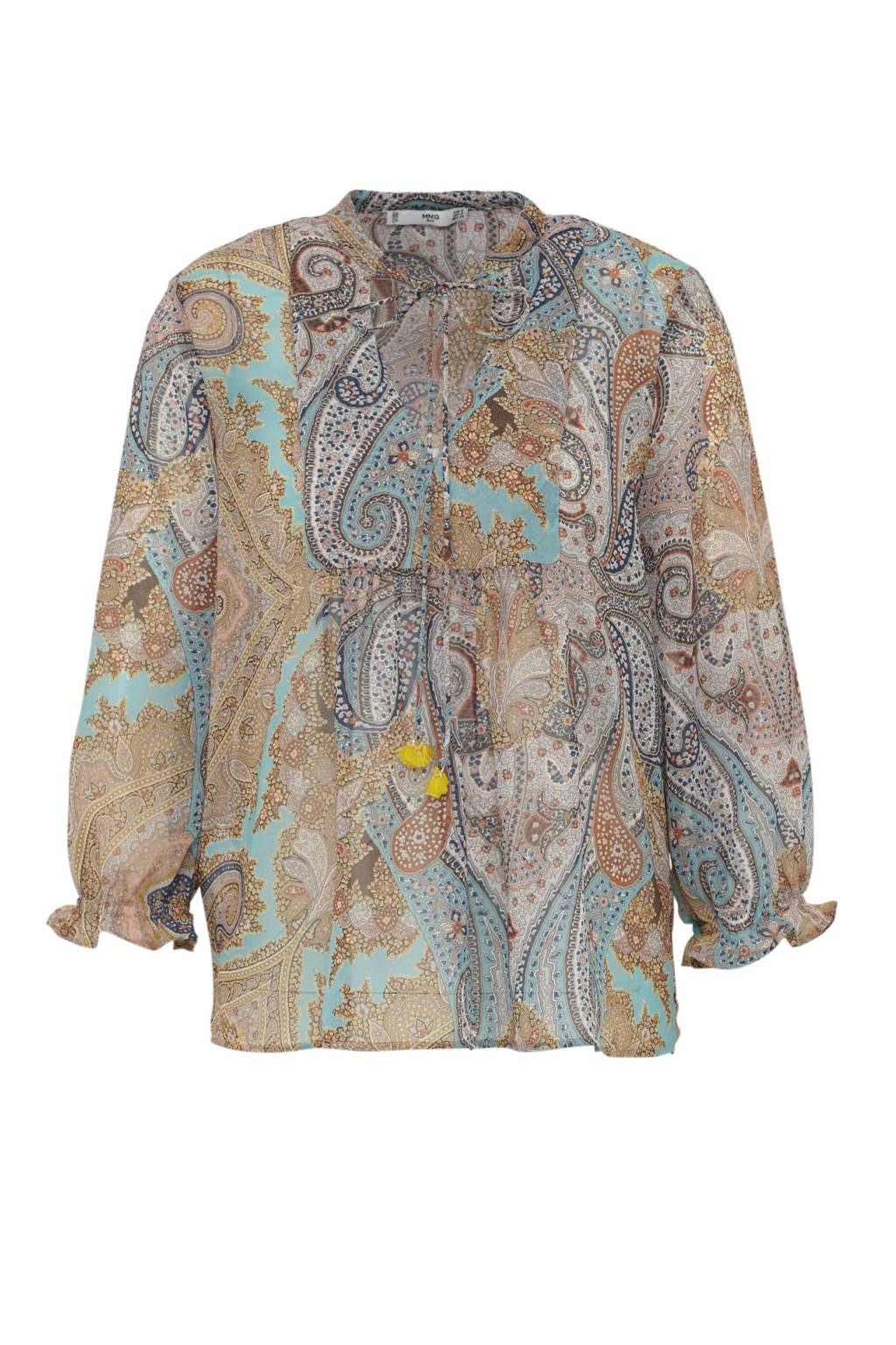 Mango semi-transparante top met paisleyprint blauw/beige, Blauw/beige