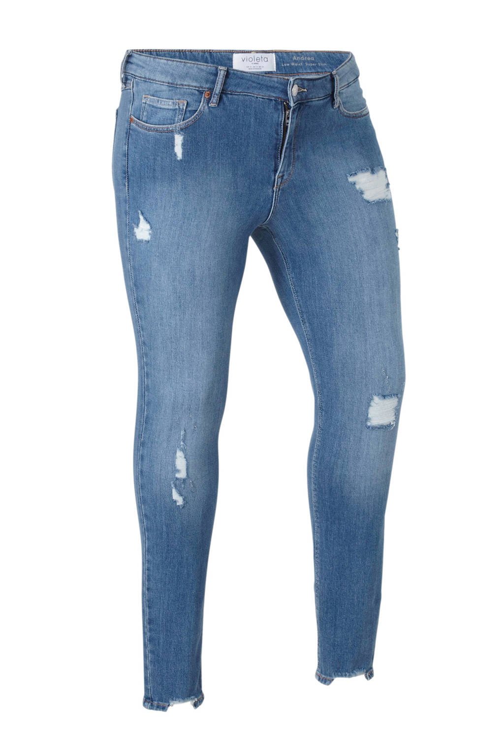 Violeta by Mango low waist slim fit jeans Andrea met slijtage, Stonewashed
