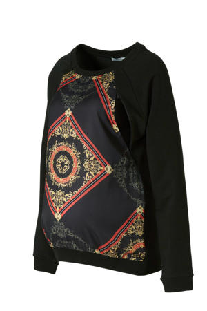 zwangerschaps- en voedingssweater met all over print zwart/rood/goud/groen