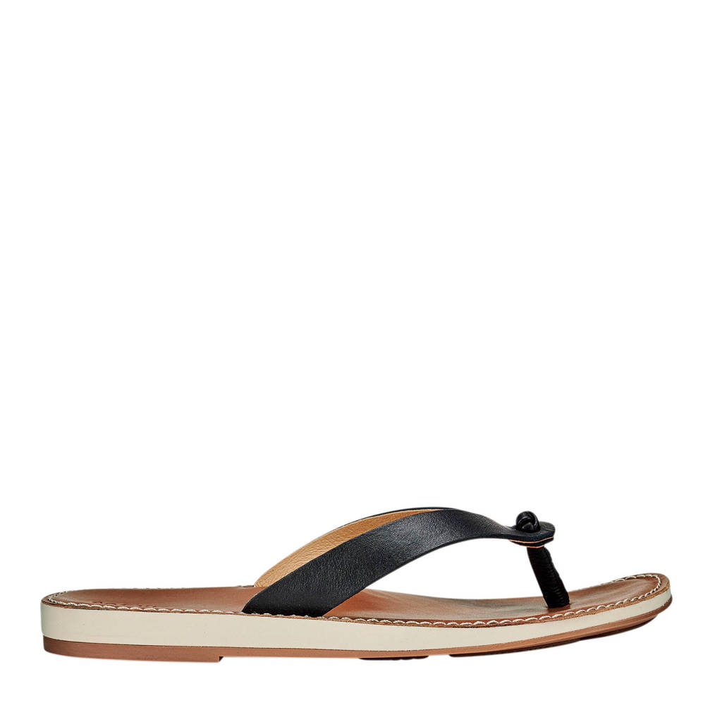 Zwart en cognackleurige dames Olukai Nohie teenslippers Nohie van leer