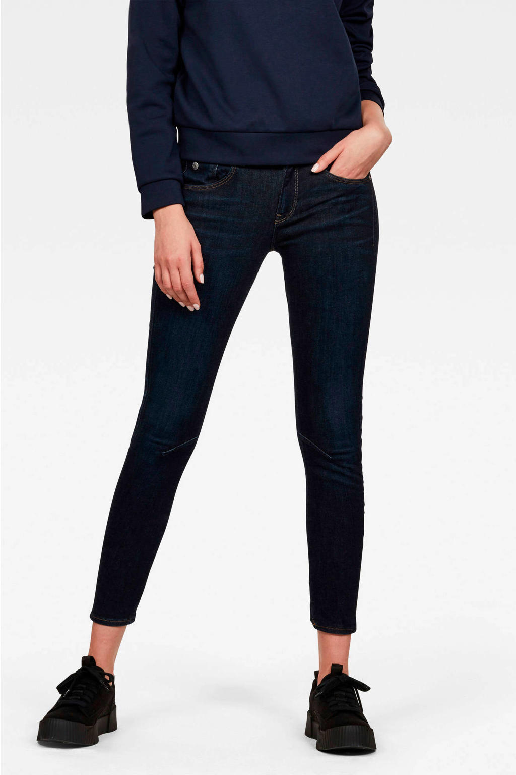 Donkerblauwe dames G-STAR skinny jeans Arc 3D van stretchdenim met regular waist, rits- en knoopsluiting en effen