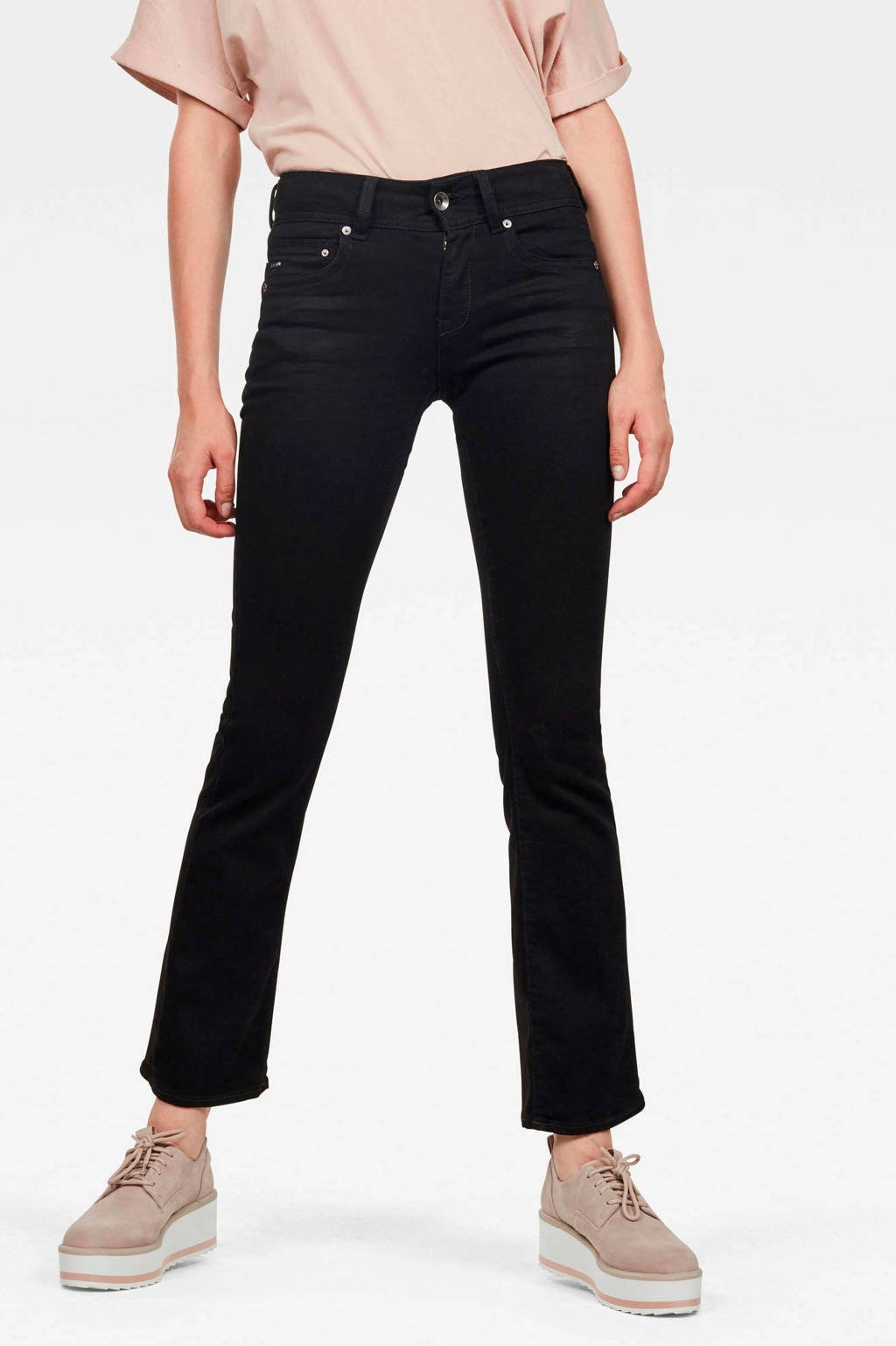 Zwarte dames G-Star RAW bootcut jeans Midge van stretchdenim met regular waist en rits- en knoopsluiting