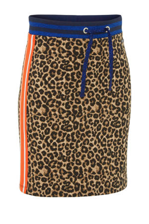 rok Wyteke met panterprint en contrastbies bruin/zwart/oranje