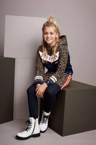hoodie met panterprint en tekst bruin/donkerblauw