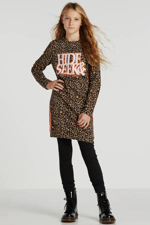 sweatjurk Tina met tekst en panterprint bruin