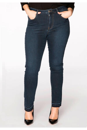 high waist skinny jeans ripped bottom dark denim