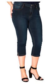 thumbnail: Donkerblauwe dames Yoek high waist skinny capri jeans van stretchdenim met rits- en knoopsluiting