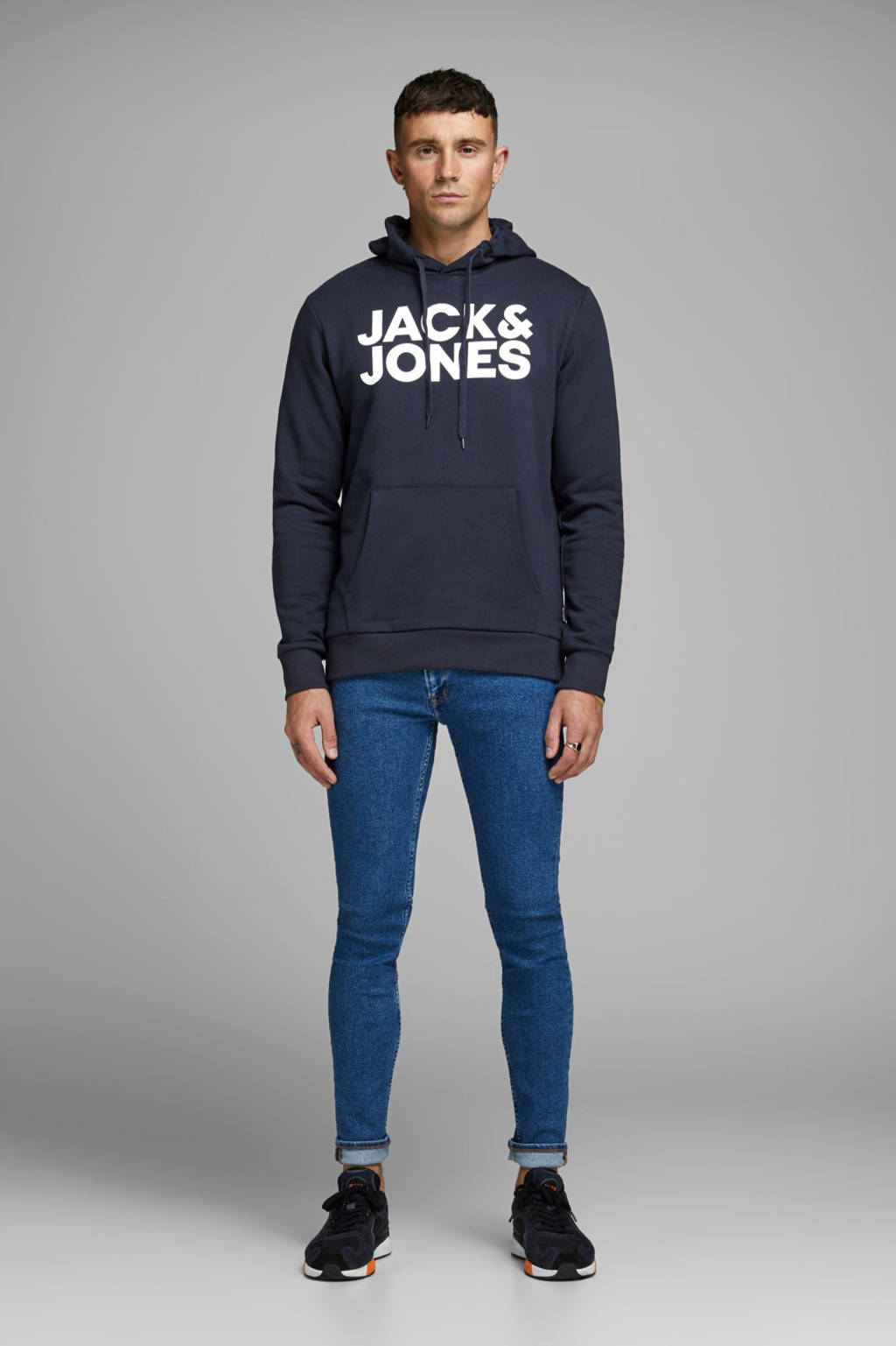 JACK & JONES ESSENTIALS hoodie JJECORP met logo marine/wit, Marine/wit