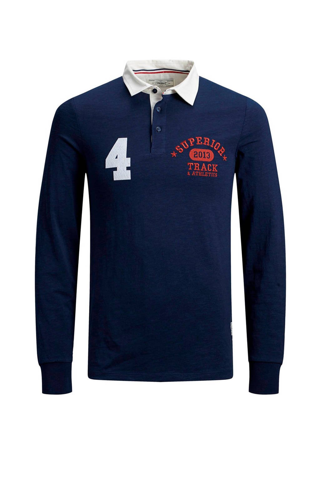 PRODUKT regular fit polo met tekst donkerblauw/wit, Donkerblauw/wit