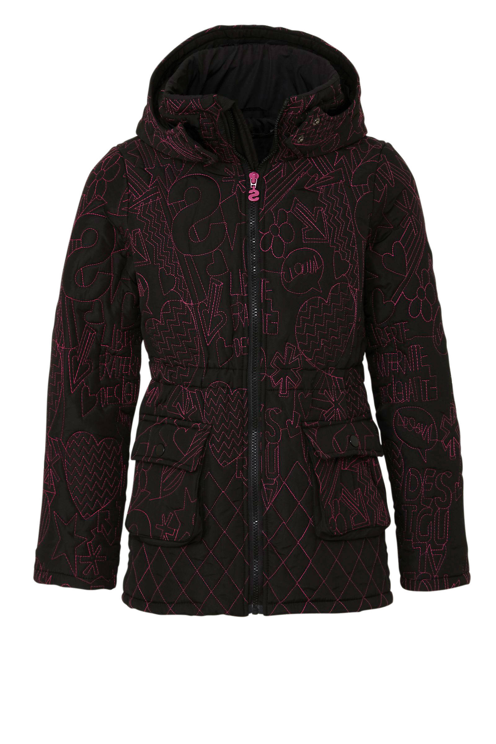 Desigual jas met all over print en borduursels zwartroze Desigual winterjas met all over print zwart | wehkamp