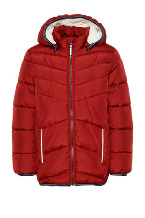 winterjas met contrastbies donkerrood