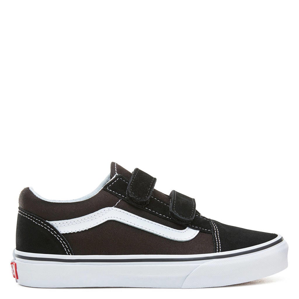 Zwart en witte jongens Vans Old Skool V sneakers van leer met klittenband