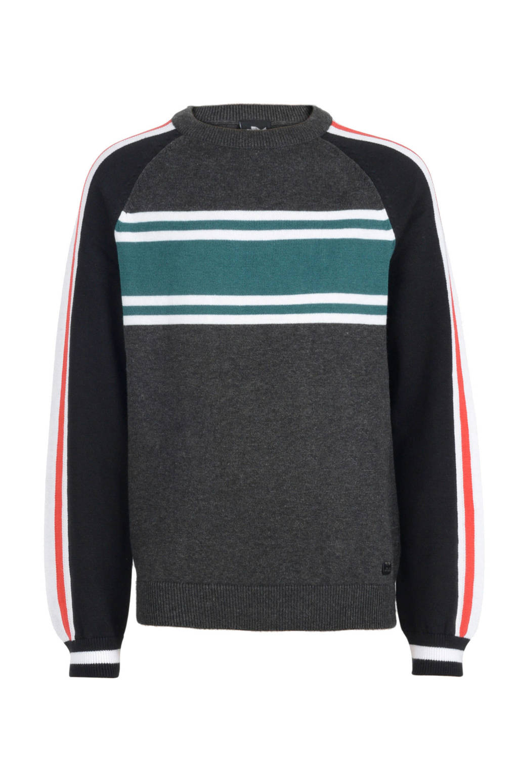 Mitch gebreide trui met contrastbies grijs/zwart/groen/rood/wit, Grijs/zwart/groen/rood/wit