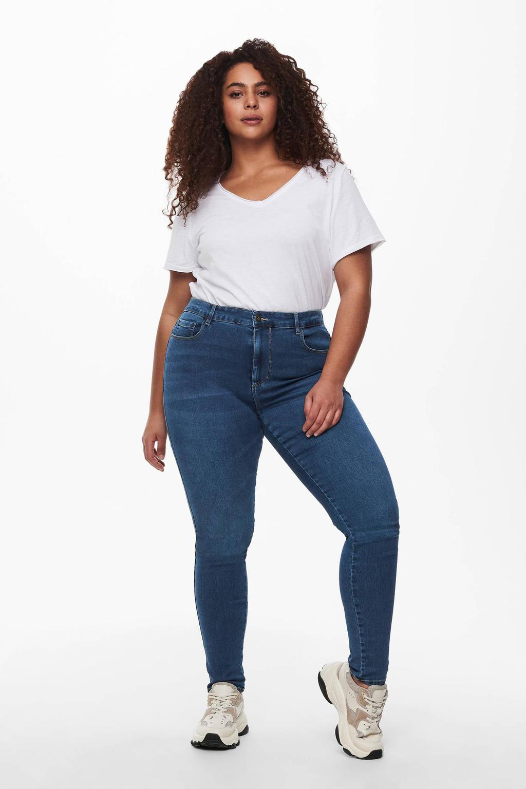 Blauwe dames ONLY CARMAKOMA high waist skinny jeans van stretchdenim met rits- en drukknoopsluiting en effen