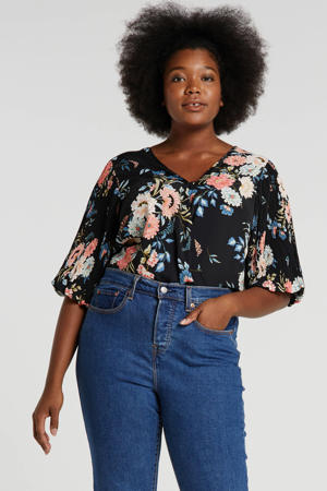 Plus gebloemde plissé body zwart/roze